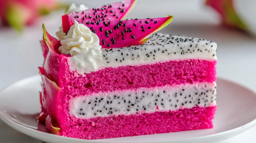 Pink dragon fruit layer cake with vibrant pink sponge layers and creamy frosting topped with fresh fruit