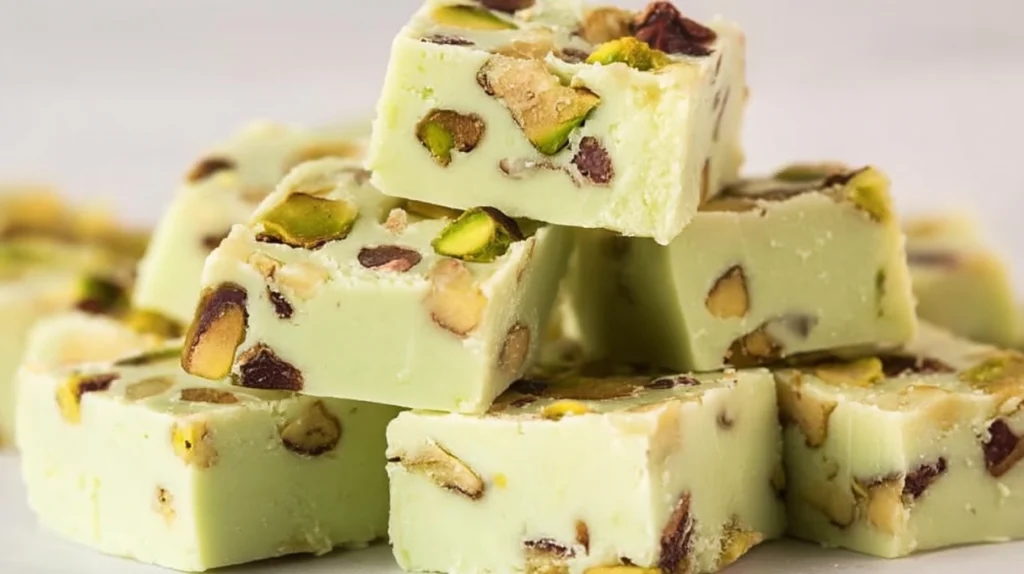 Pistachio fudge squares with creamy texture and chopped pistachios sprinkled on top