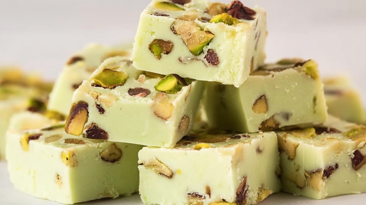 Pistachio fudge squares with creamy texture and chopped pistachios sprinkled on top