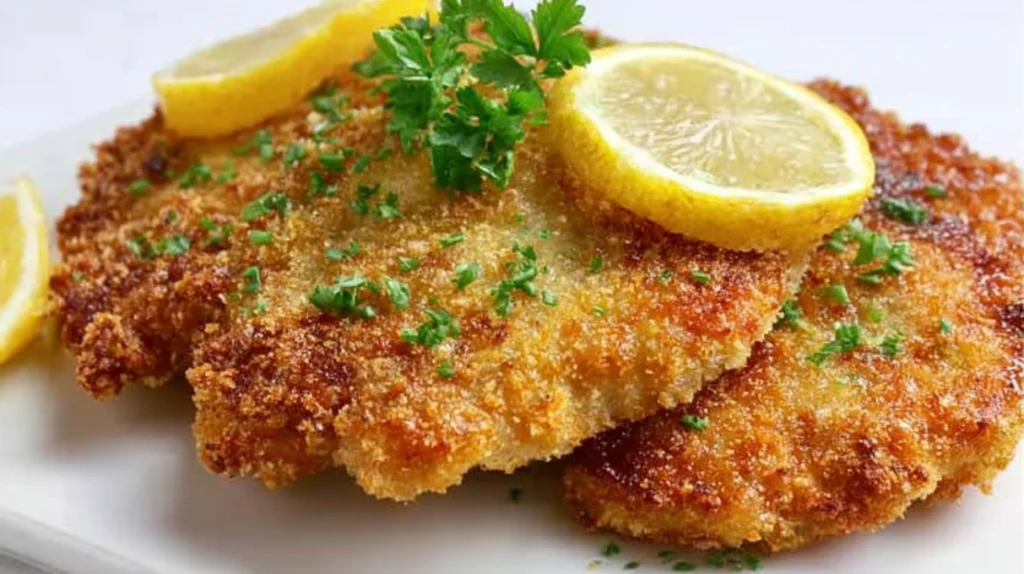Pork schnitzel with crispy golden breading and tender pork served with lemon wedges