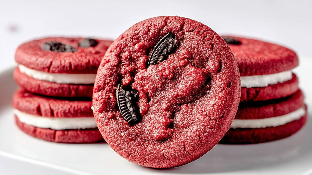 Red velvet Oreo cookies with soft red cookies filled with creamy Oreo-inspired filling