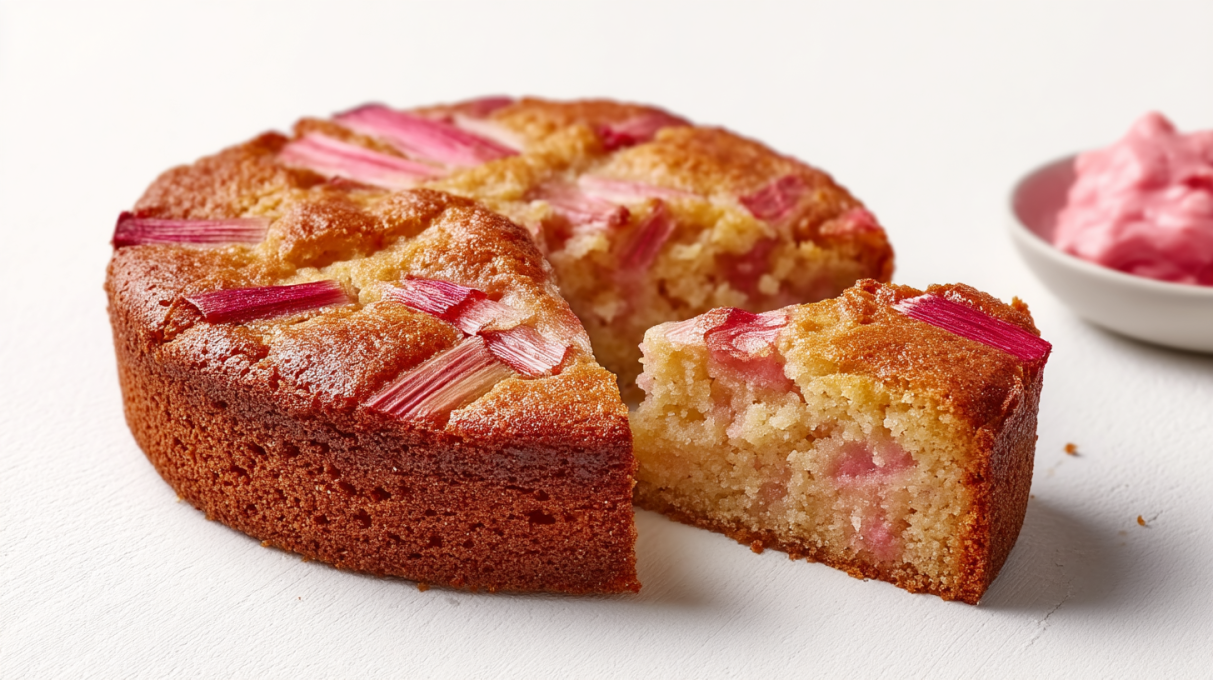 Rhubarb cake with a soft moist crumb and pieces of tart rhubarb baked into the top