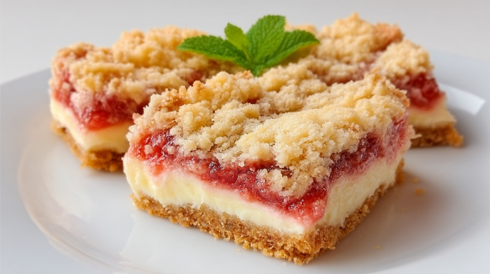 Rhubarb cream cheese bars with a creamy layer and tart rhubarb topping on a crumb crust