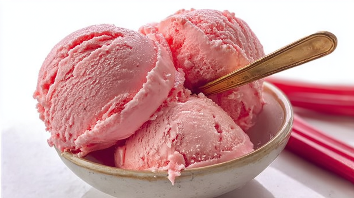 Rhubarb ice cream with a creamy pink texture served in a bowl with swirls of tart rhubarb