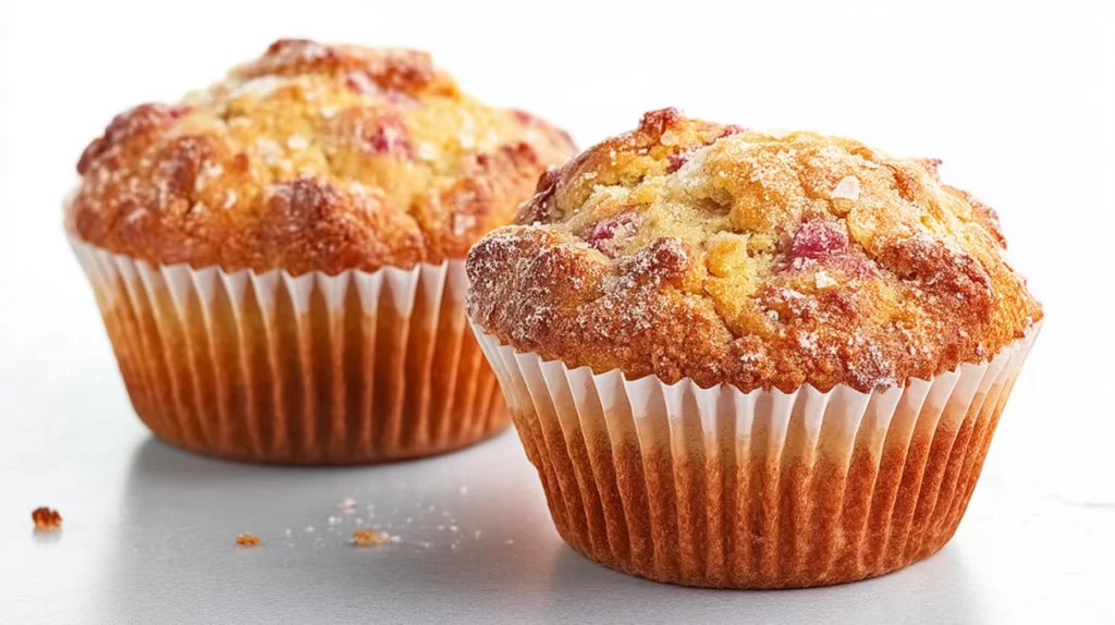 Rhubarb muffins with Greek yogurt featuring a soft moist texture and pieces of tart rhubarb