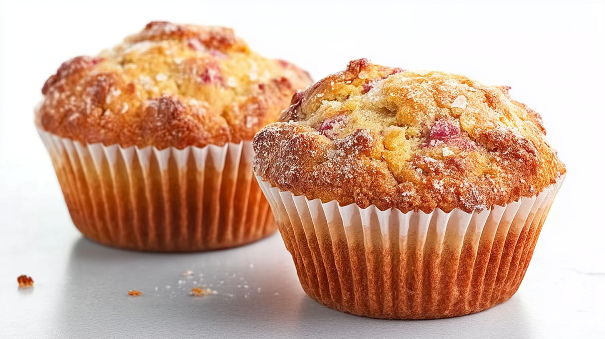 Rhubarb muffins with Greek yogurt featuring a soft moist texture and pieces of tart rhubarb