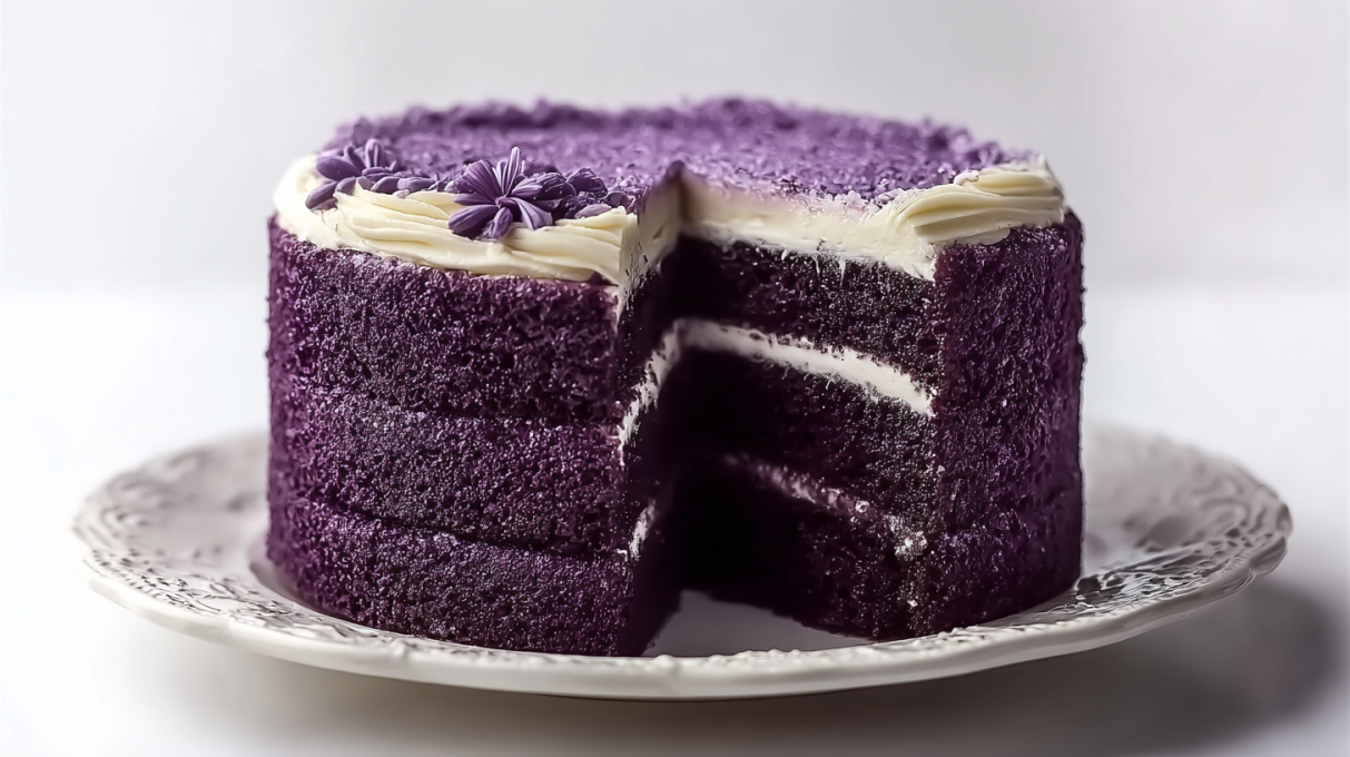 Royal purple velvet cake with soft layers, creamy frosting, and elegant purple color