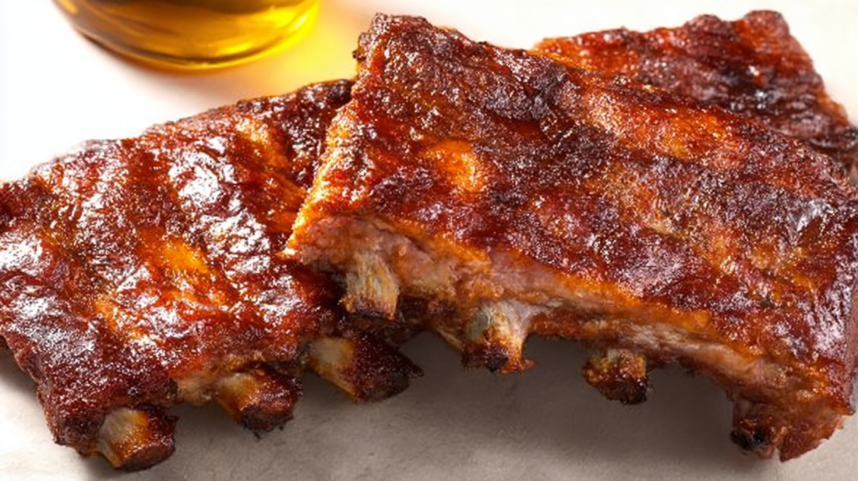 Smoked baby back ribs with a caramelized barbecue glaze and tender meat falling off the bone