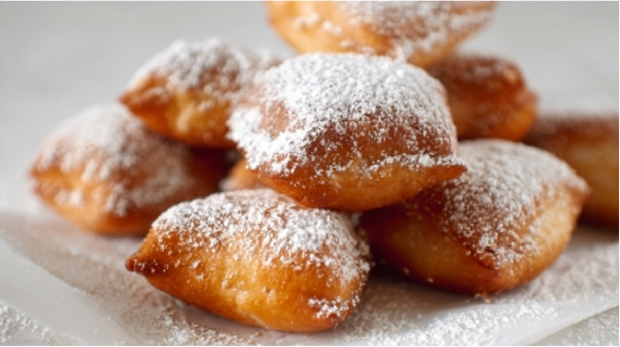 Sourdough beignets dusted with powdered sugar, light and fluffy with a golden exterior