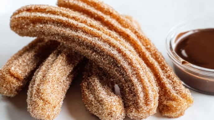 Sourdough churros coated in cinnamon sugar with a crispy golden exterior served with dipping sauce