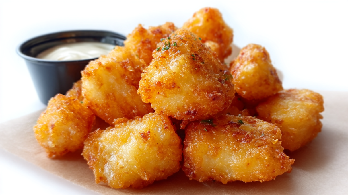 Sourdough fried cheese curds with golden crispy coating and melted cheese inside served with dipping sauce