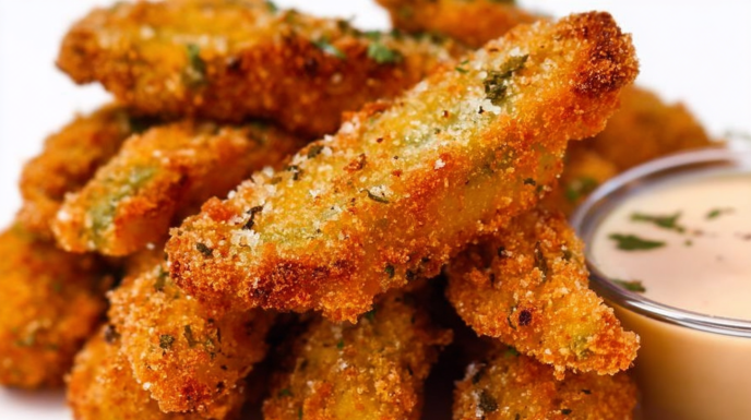 Sourdough fried pickles with crispy golden coating and tangy pickle slices served with dipping sauce