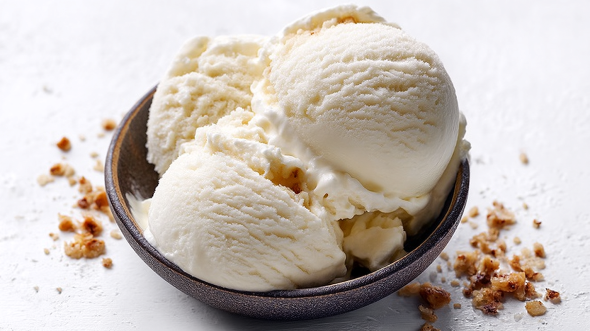 Sourdough ice cream with a creamy texture served in a bowl, topped with crunchy mix-ins