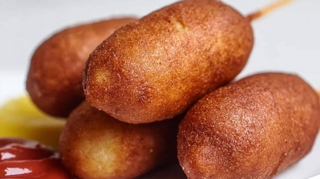 Sourdough mini corn dogs with crispy golden batter and bite-sized hot dogs served with dipping sauce