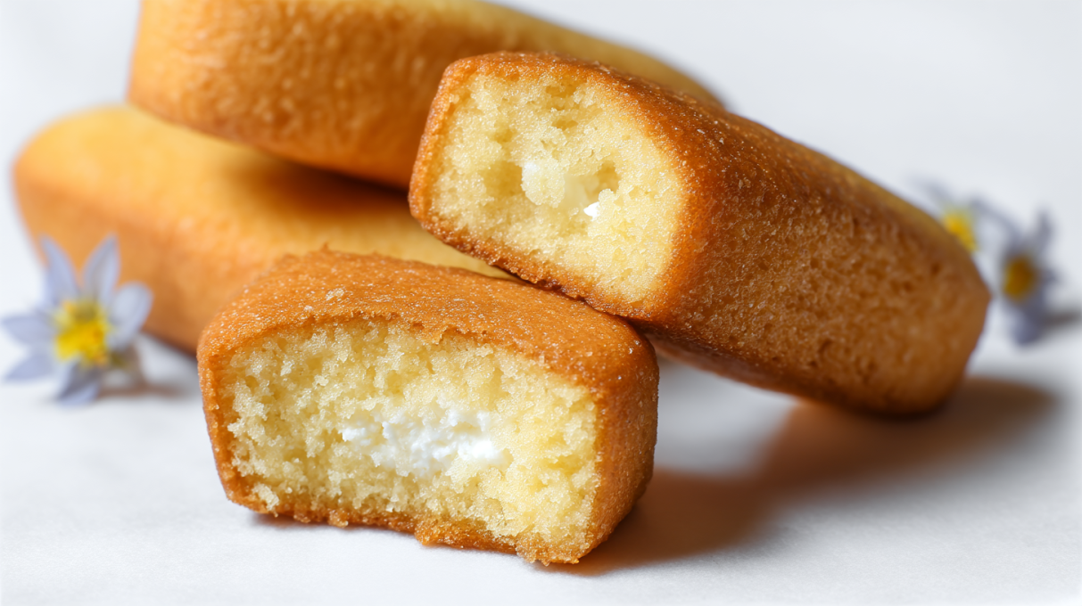 Sourdough Twinkies filled with creamy vanilla filling inside soft golden sponge cake