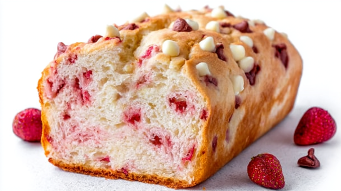 Sourdough white chocolate chip strawberry bread with juicy strawberries and melted white chocolate in a soft loaf