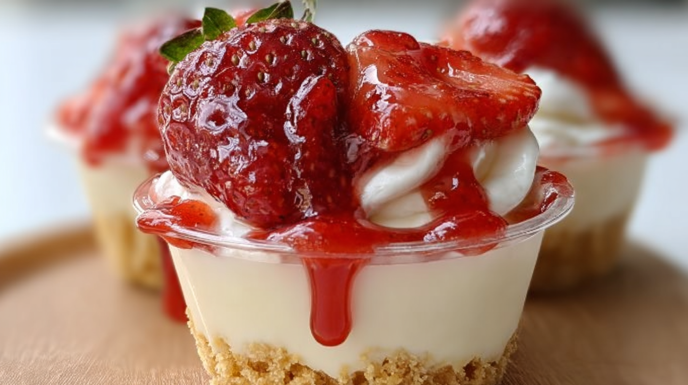 Strawberry cheesecake cups layered with creamy cheesecake filling, strawberries, and graham cracker crumbs