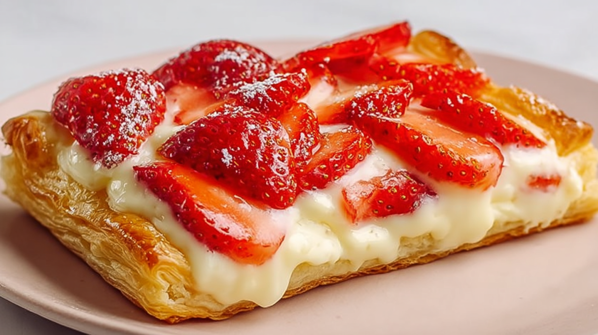 Strawberry cheesecake Danish with flaky pastry, creamy cheesecake filling, and fresh strawberries on top