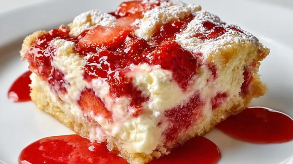 Strawberry cheesecake dump cake with layers of strawberries, creamy cheesecake filling, and golden cake topping