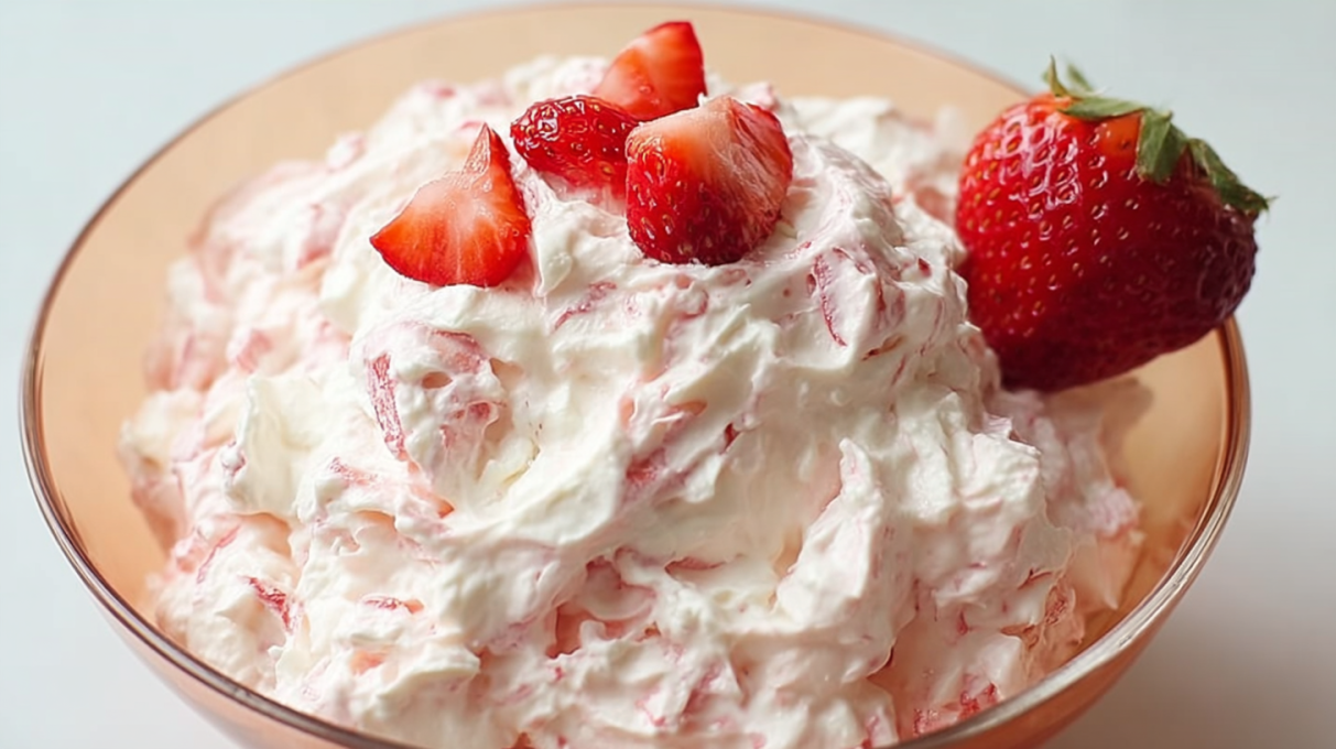 Strawberry cheesecake fluff dessert with creamy whipped filling and fresh strawberries folded in