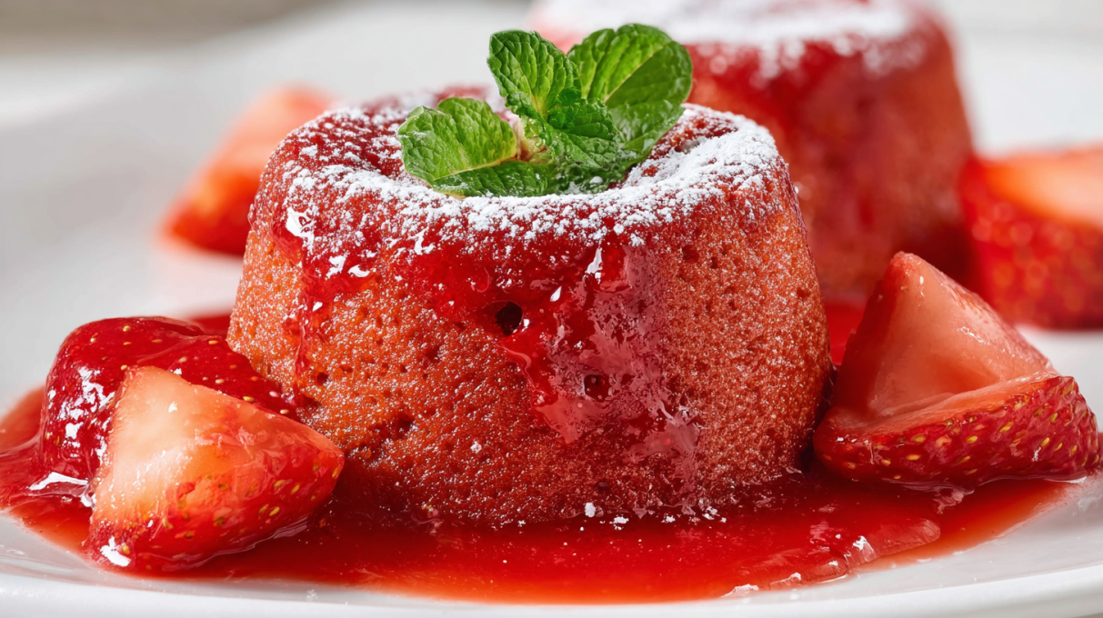 Strawberry lava cakes with a soft outer cake and a gooey strawberry center flowing out