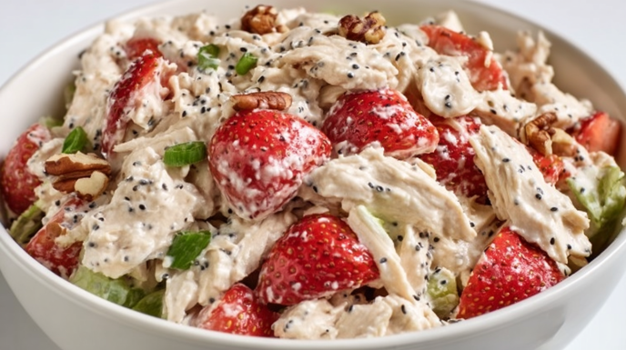 Strawberry pecan poppy seed chicken salad with grilled chicken, fresh strawberries, pecans, and leafy greens