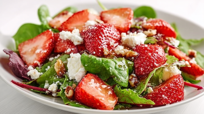 Strawberry spring salad with fresh greens, sliced strawberries, nuts, and light vinaigrette