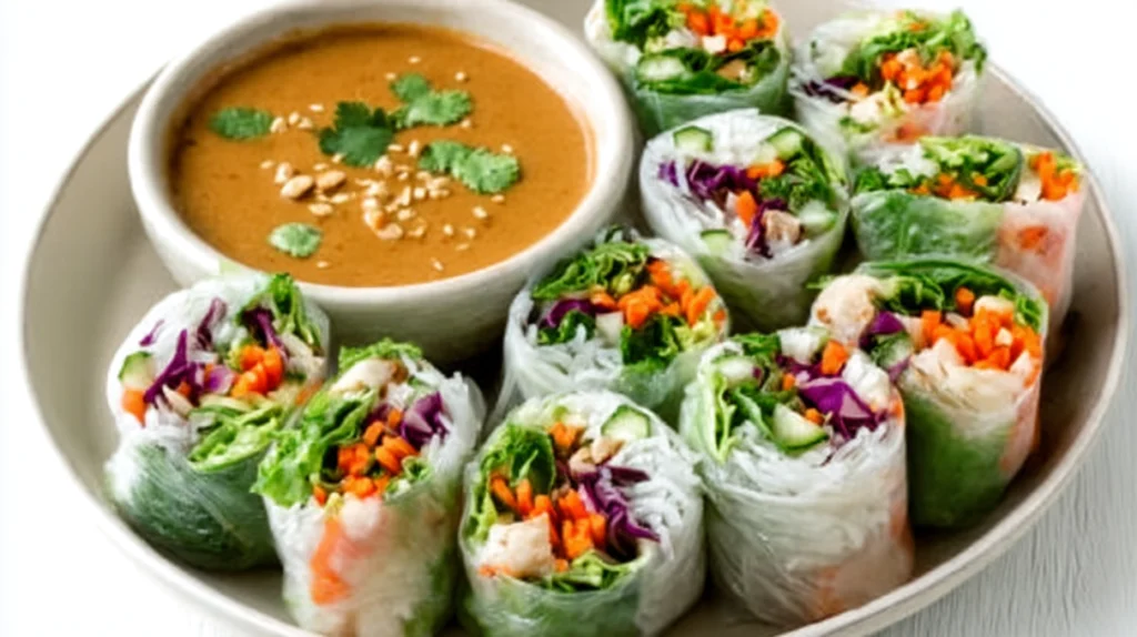 Summer salad rolls filled with fresh vegetables, herbs, and noodles wrapped in rice paper