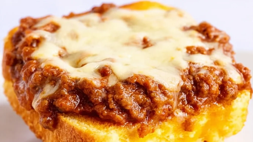 Cheesy Texas toast sloppy joes topped with savory beef filling and melted cheese, baked until golden and crispy.
