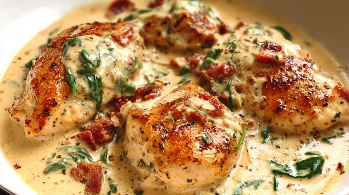 Tuscan chicken cooked in a creamy garlic sauce with spinach and sun-dried tomatoes