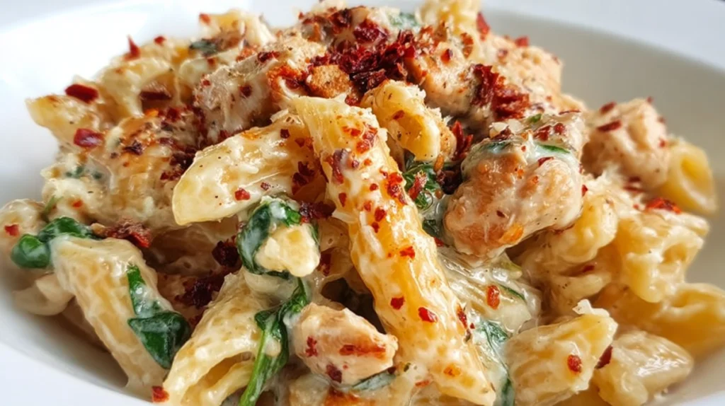 Tuscan chicken pasta with creamy sauce, tender chicken, spinach, and sun-dried tomatoes