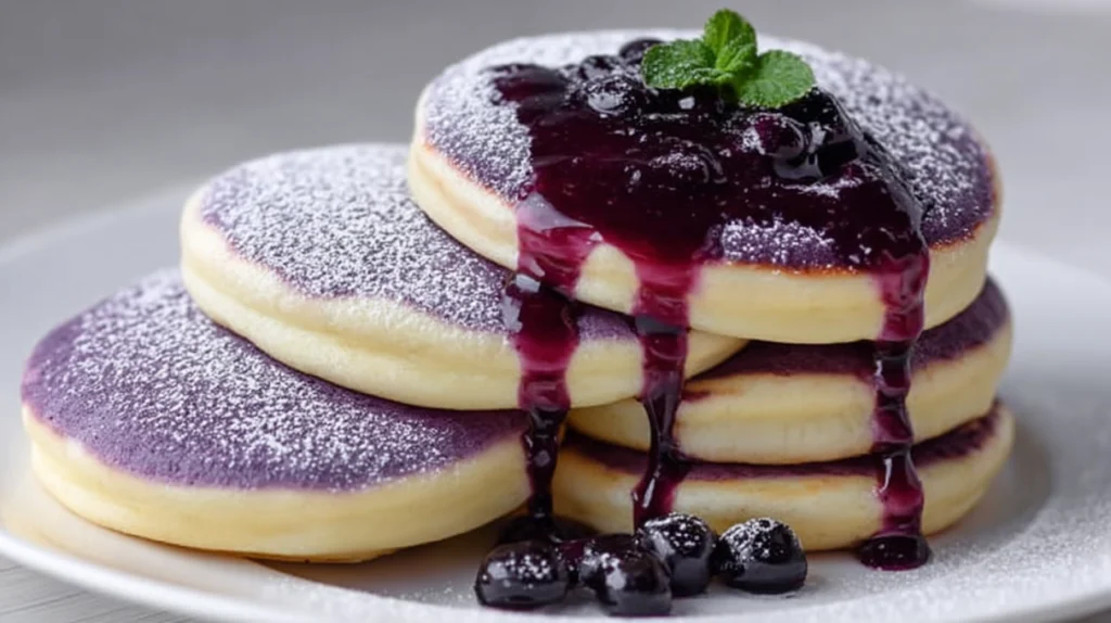 Ube mochi pancakes with a soft chewy texture and vibrant purple color, served stacked with syrup