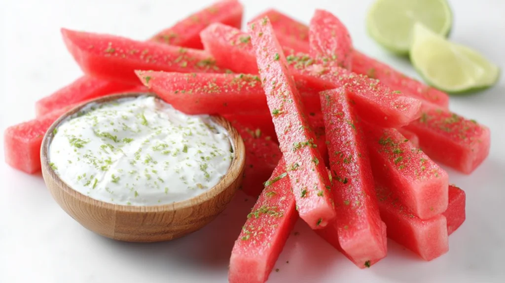 Watermelon fries cut into sticks served with a creamy coconut lime dip on the side