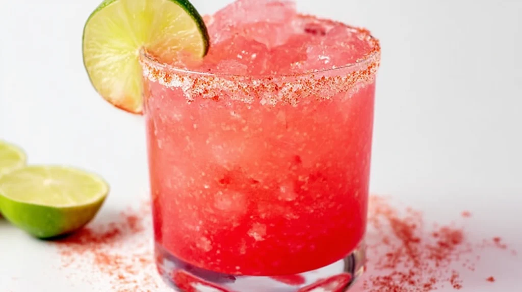 Refreshing watermelon margarita served in a salt-rimmed glass with fresh watermelon slices and lime garnish.