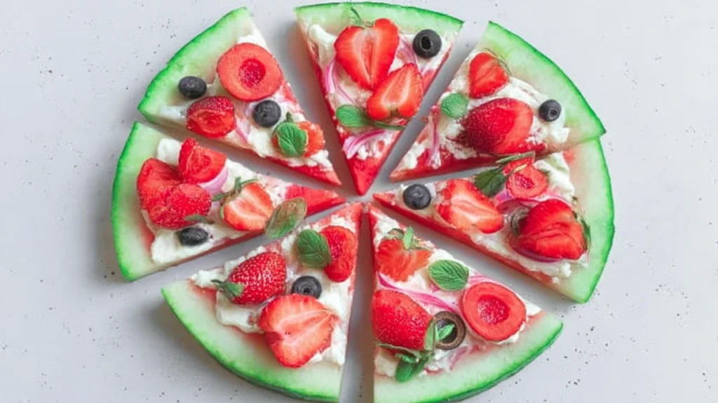 Watermelon pizza topped with fresh fruit, yogurt, and sweet toppings sliced into wedges