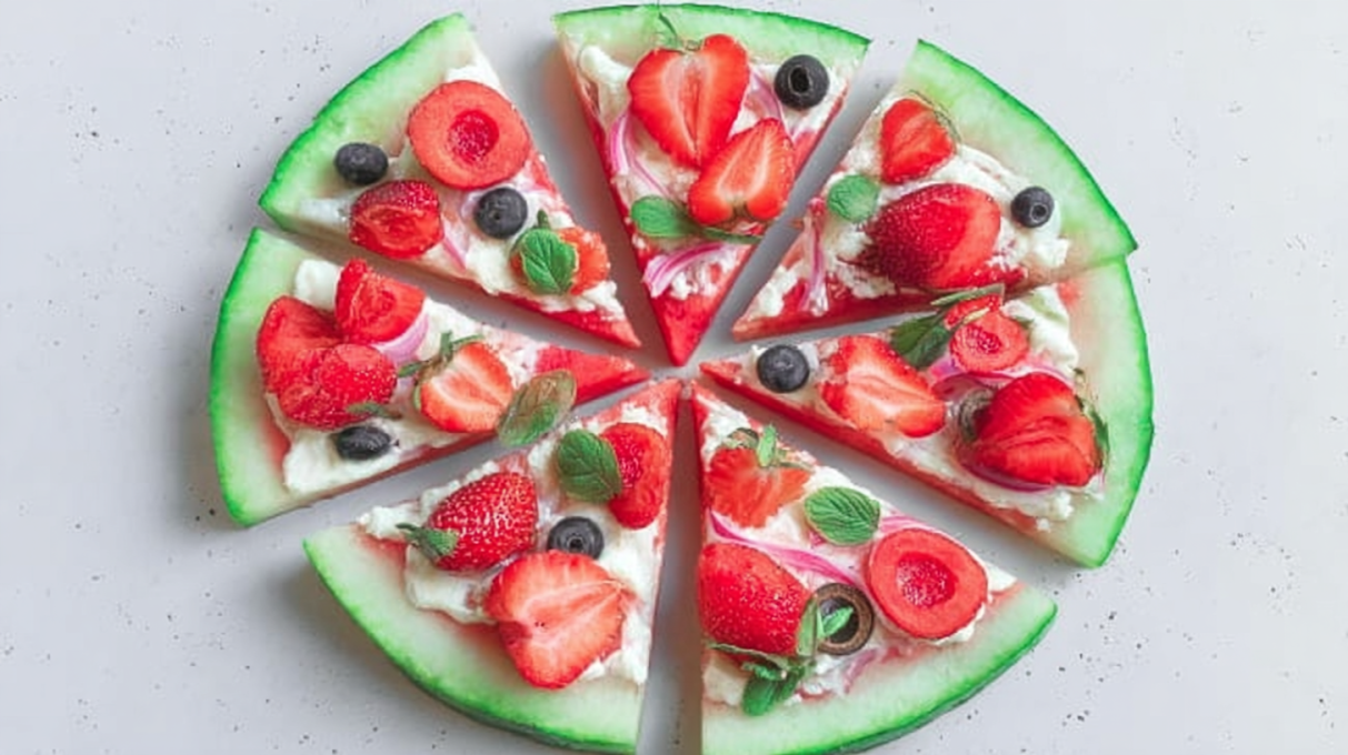 Watermelon pizza topped with fresh fruit, yogurt, and sweet toppings sliced into wedges