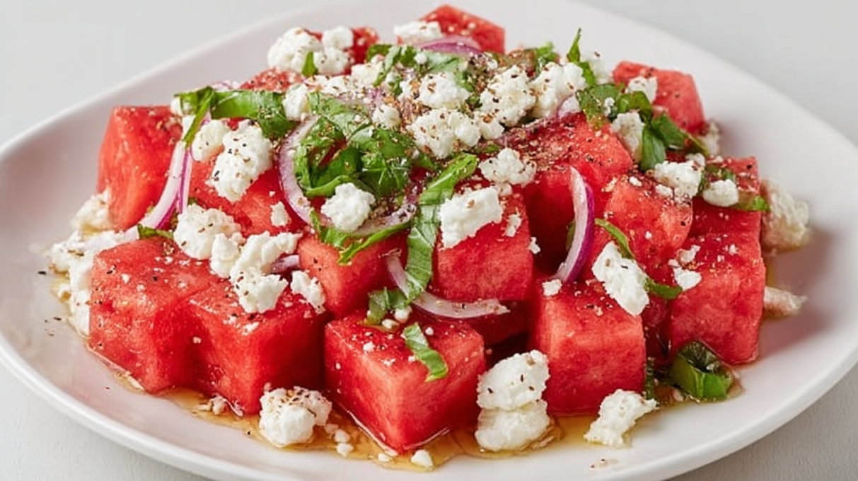 Watermelon salad with hot honey, fresh herbs, cheese, and juicy watermelon cubes served in a bowl