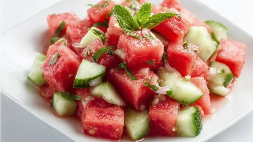 Watermelon and cucumber salad with fresh herbs and a light dressing served in a bowl