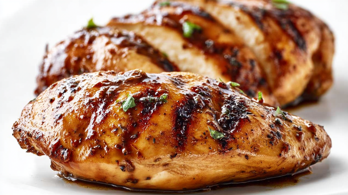 Balsamic chicken marinade with herbs, garlic, and balsamic vinegar in a bowl coating raw chicken