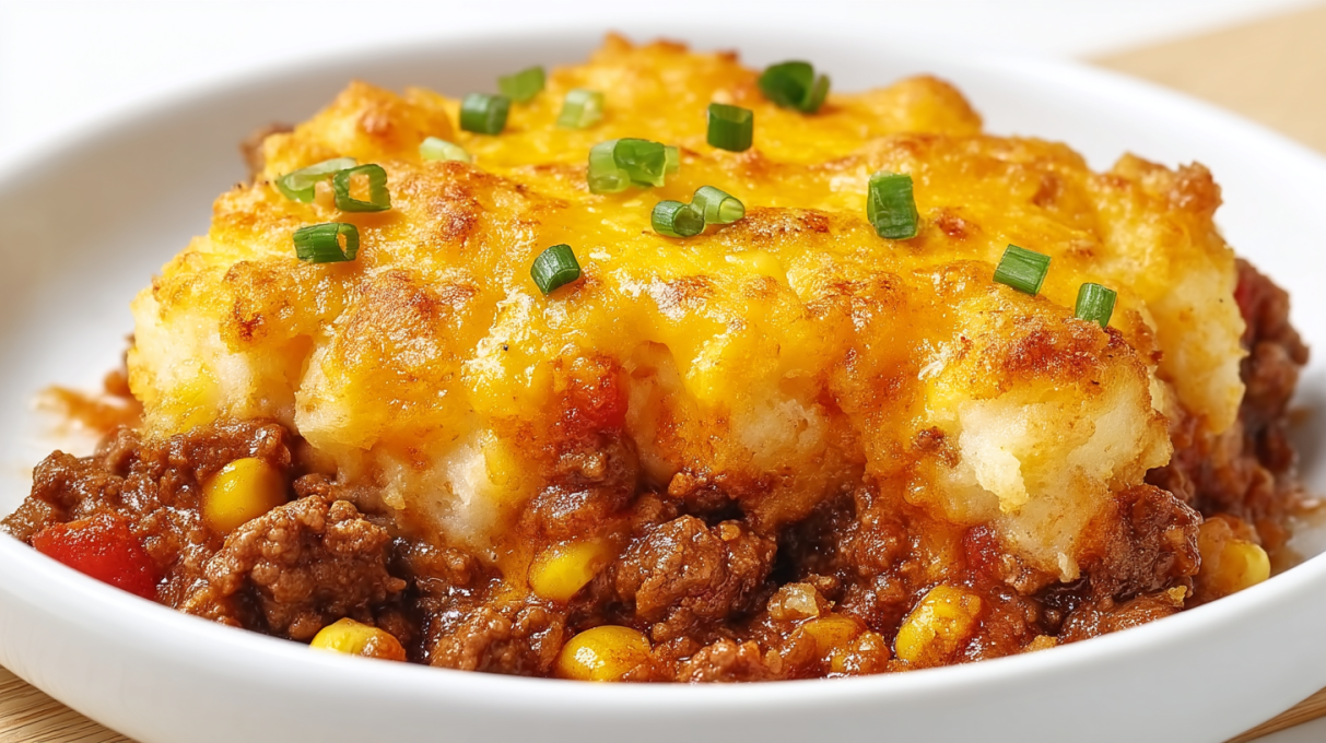Cowboy casserole baked with ground beef, potatoes, cheese, and a creamy savory filling