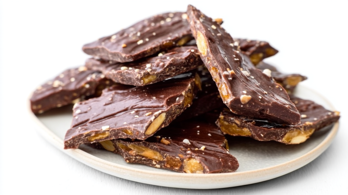 Date bark topped with chocolate, nuts, and chewy dates layered into a sweet snack bark