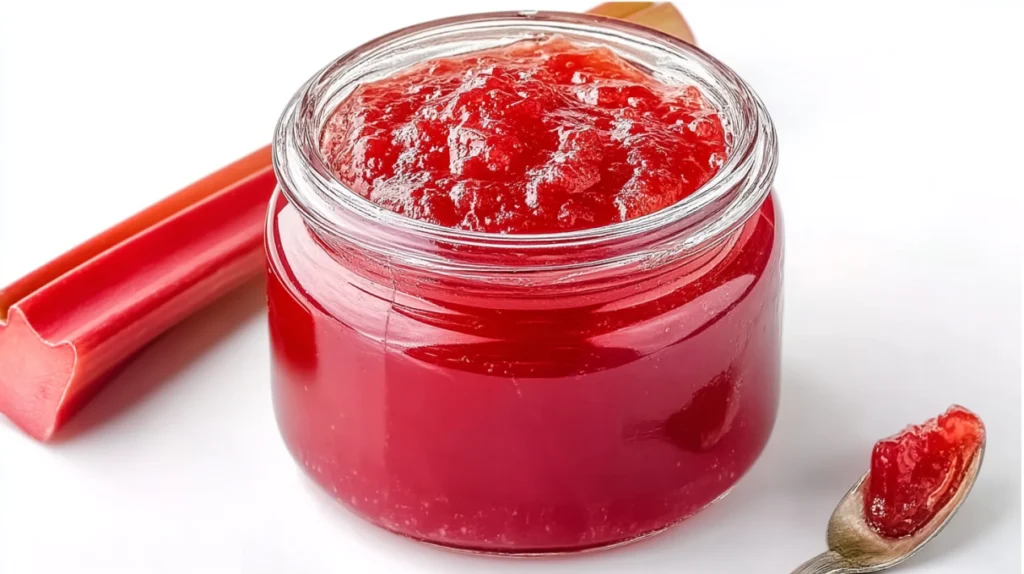 Homemade rhubarb jam in a glass jar with a vibrant pink color and chunky fruit texture