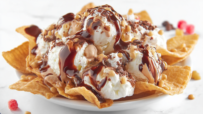 Ice cream nachos with crispy sweet chips topped with scoops of ice cream, chocolate drizzle, and colorful toppings