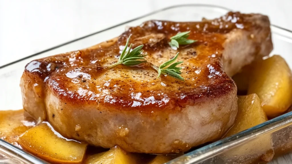 Pork chop with apple bake featuring tender pork chops baked with sliced apples and savory seasoning
