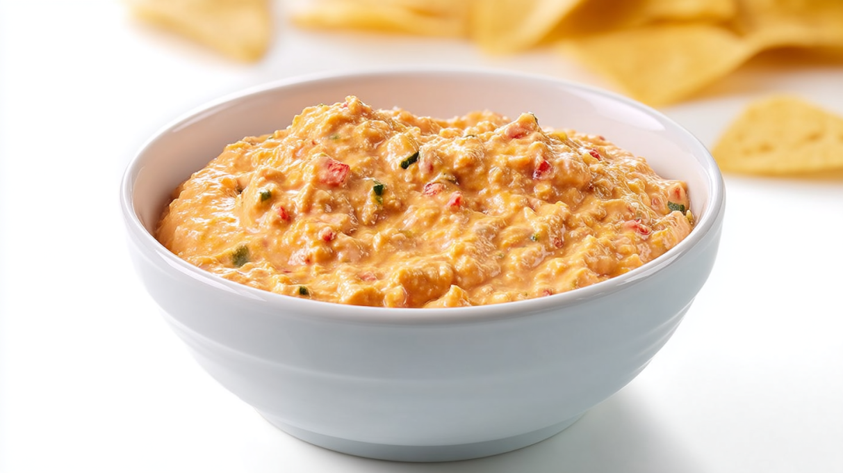 Rotel dip with melted cheese, seasoned meat, and diced tomatoes served warm with tortilla chips