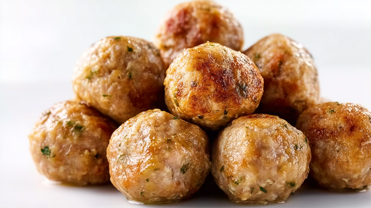 Turkey meatballs cooked until golden and juicy, served with sauce and fresh herbs
