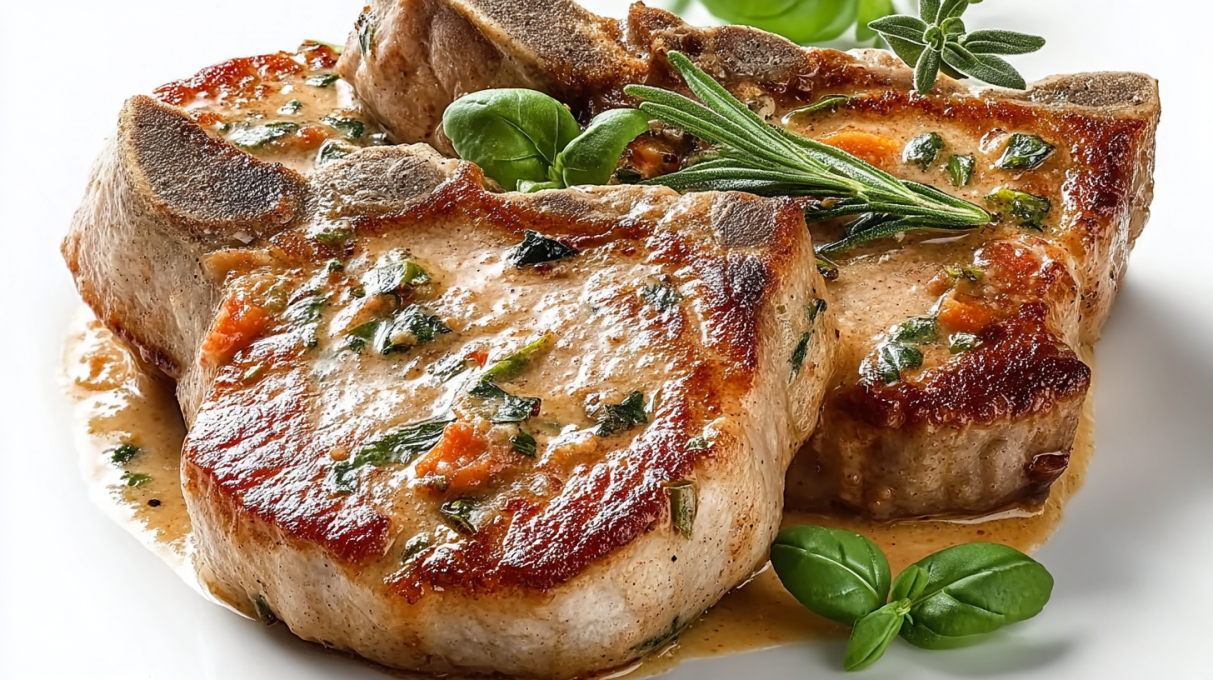 Tuscan pork chops cooked in a creamy garlic sauce with spinach and sun-dried tomatoes