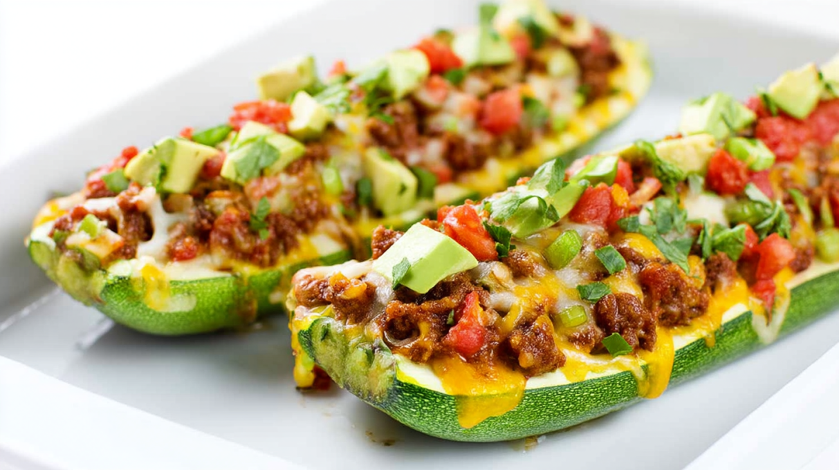Zucchini taco boats filled with seasoned meat, cheese, and fresh toppings baked until tender