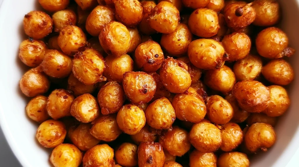 Air fried chickpeas seasoned with savory spices and cooked until golden brown and perfectly crispy.