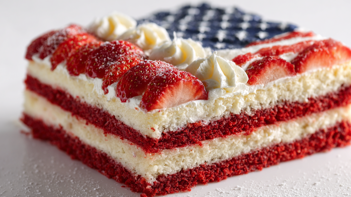 Festive American flag cake decorated with fresh strawberries, blueberries, and whipped cream in a patriotic flag design.